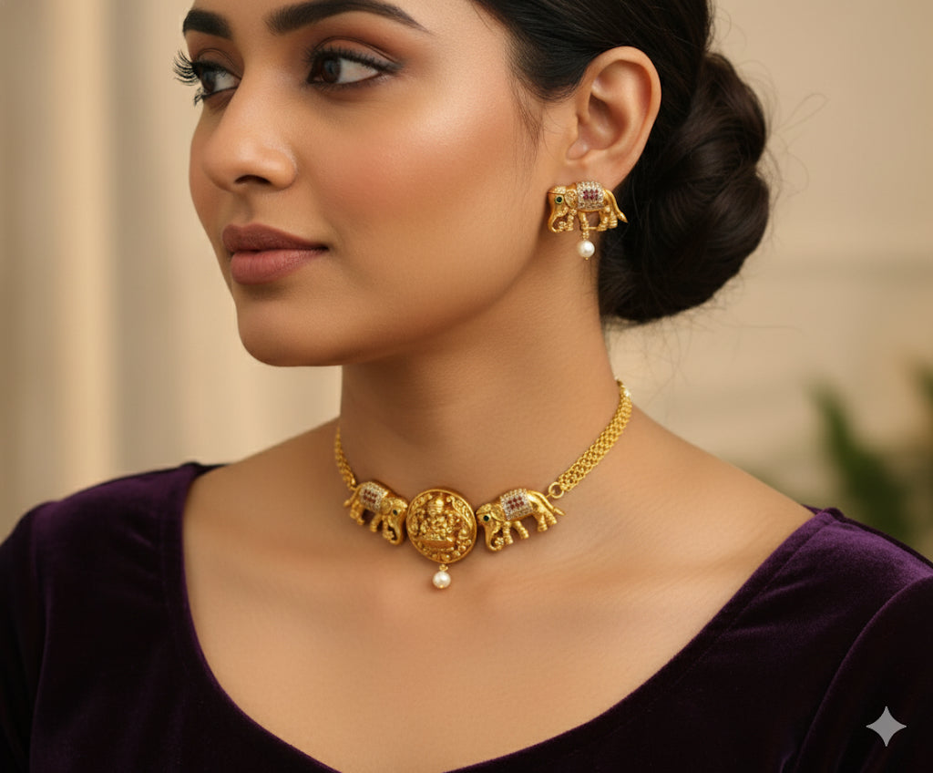 Matte finish ruby-green-white lakshmi-elephant choker necklace set dj-47050