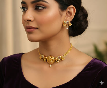 Matte finish ruby-green-white lakshmi-elephant choker necklace set dj-47050