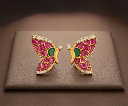 Gold tone pink-green-white kundan jadau butterfly earrings dj-53529