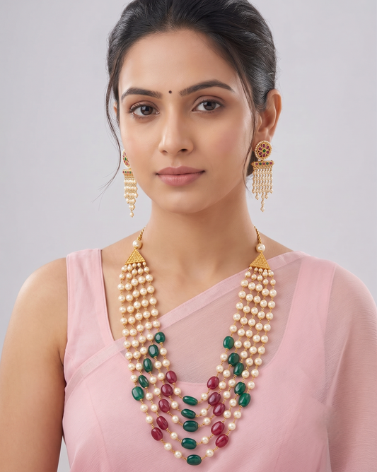 Antique gold tone Multilayer Ruby-emerald-pearl heavy Haar Set DJ-09203