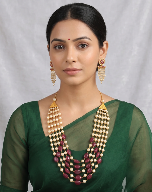 Antique gold tone Multilayer Ruby-pearl Heavy Haar Set dj-09204