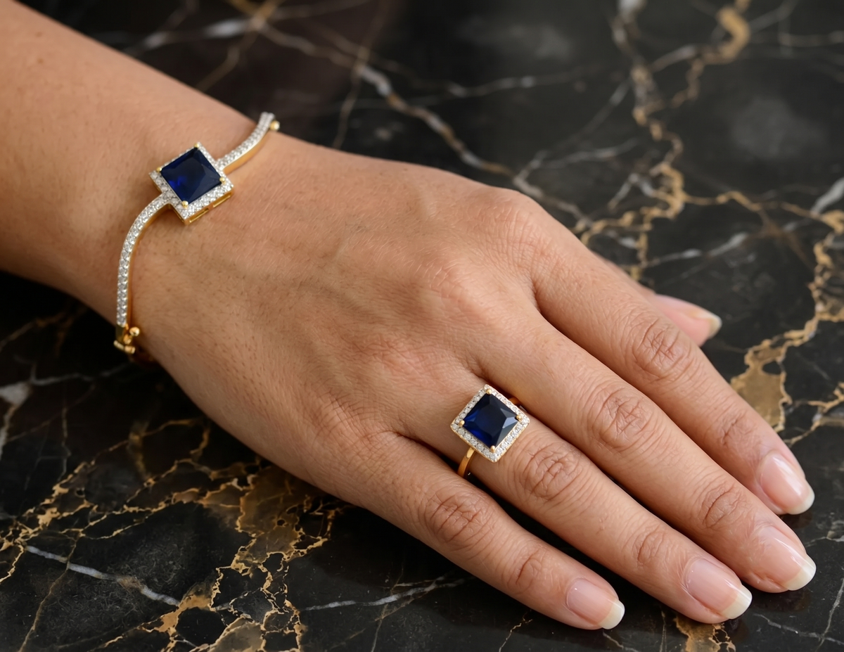 Two Tone Cz Blue Bracelet-ring Combo DJ-09215