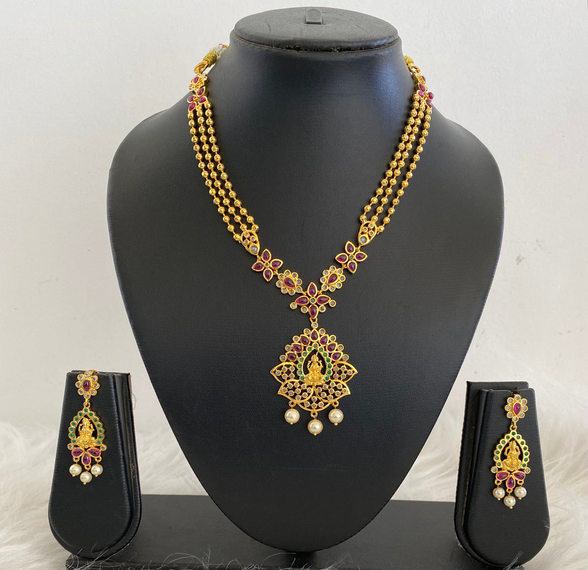 Gold Tone Multilayer Kemp-green Lakshmi Necklace Set-dj09226