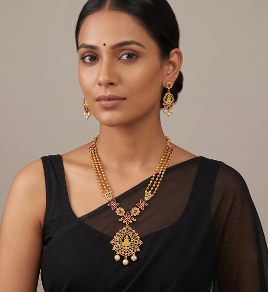 Gold Tone Multilayer Kemp-green Lakshmi Necklace Set-dj09226