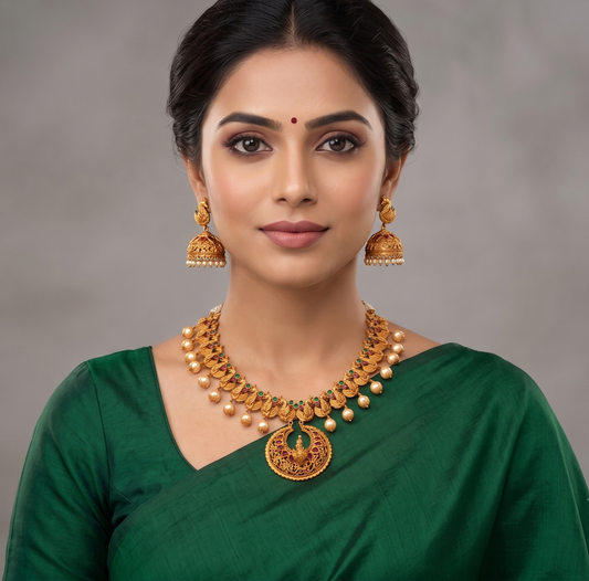 Matte finish ruby-emerald peacock necklace set dj-09230