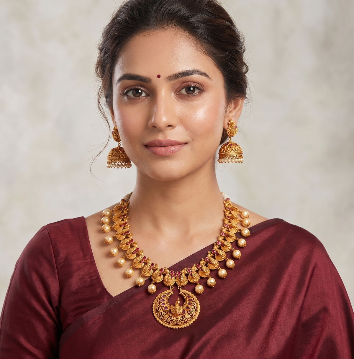 Matte finish ruby peacock necklace set dj-09231