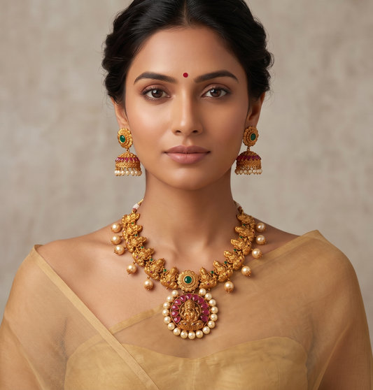 Matte finish ruby-green bridal lakshmi necklace set dj-09233