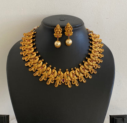 Matte Finish Ruby-green Peacock Necklace Set dj-09248