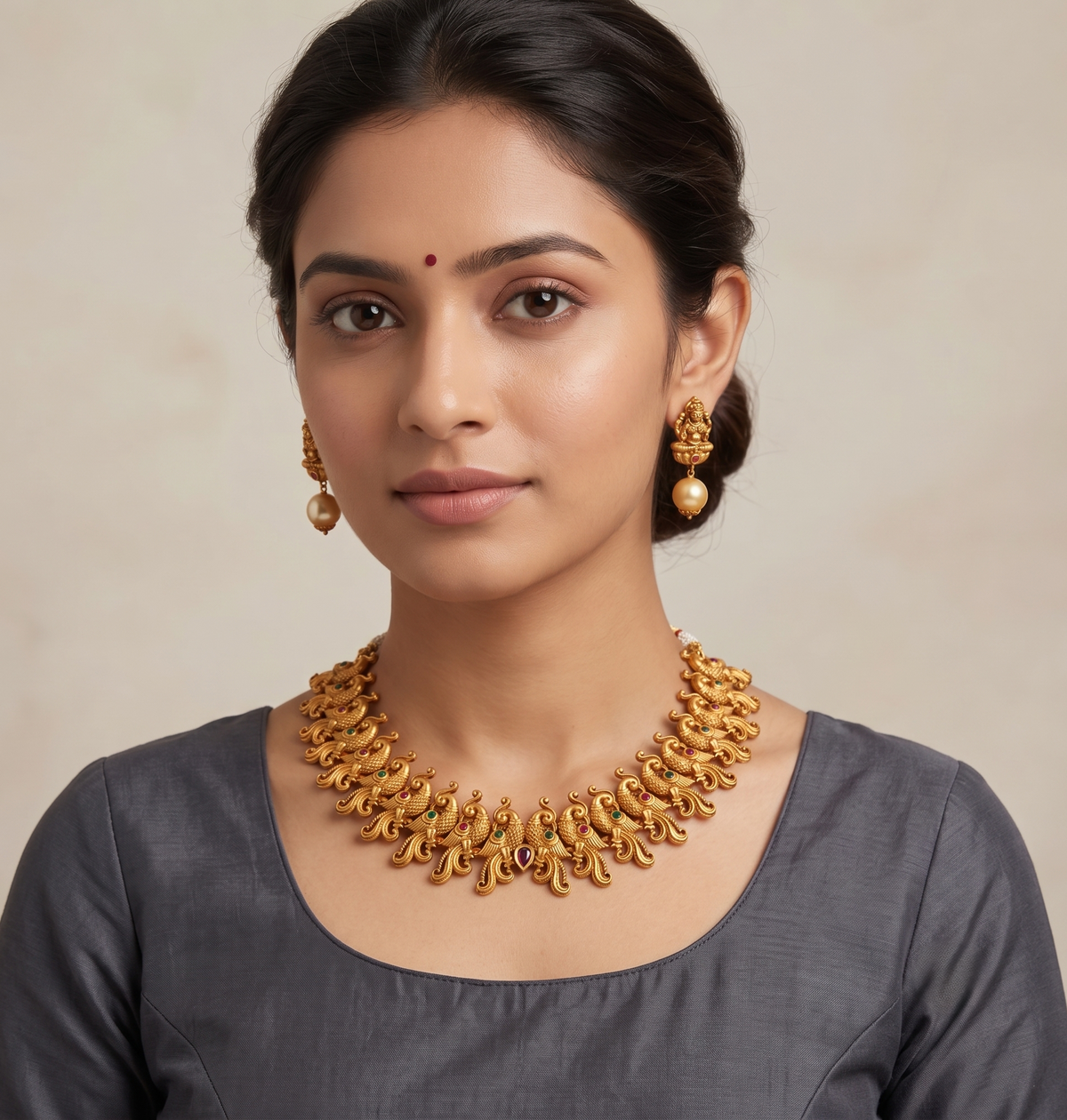 Matte Finish Ruby-green Peacock Necklace Set dj-09248