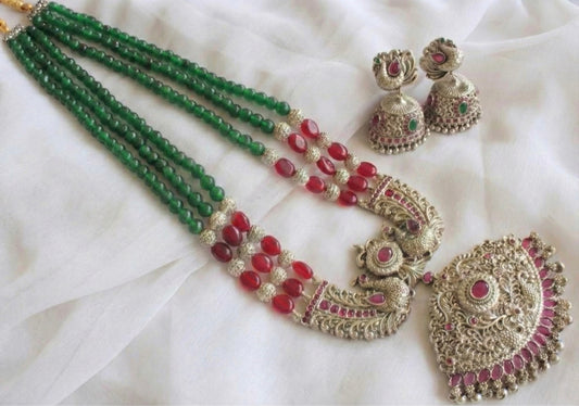 Silver tone Ruby-Green agates Peacock Haar Set DJ17763