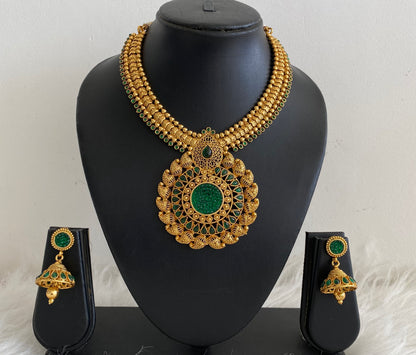 Antique Gold Tone Transparent Green Necklace Set dj-09265