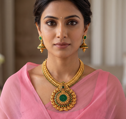 Antique Gold Tone Transparent Green Necklace Set dj-09265