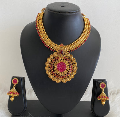 Antique Gold Tone Transparent Pink Necklace Set dj-09266