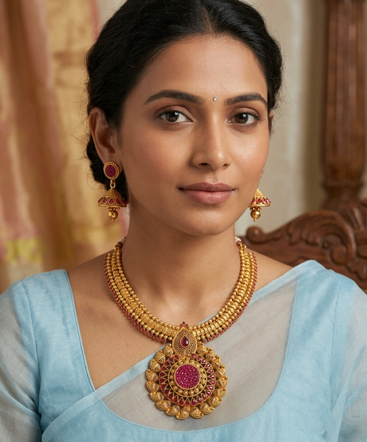 Antique Gold Tone Transparent Pink Necklace Set dj-09266