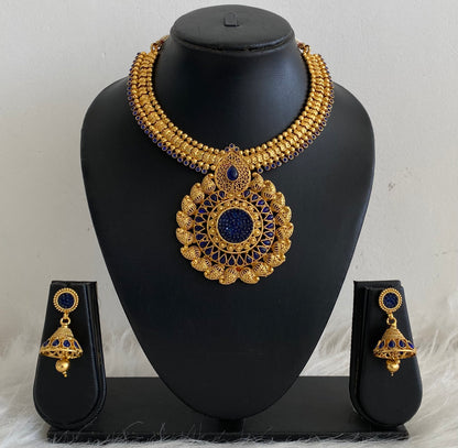 Antique Gold Tone Transparent Blue Necklace Set-dj09267