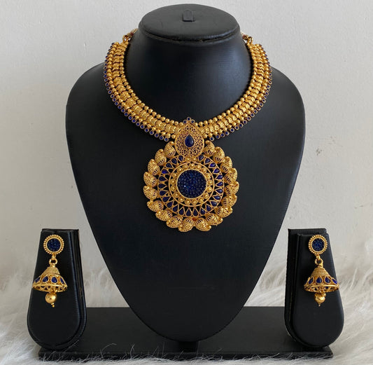 Antique Gold Tone Transparent Blue Necklace Set-dj09267