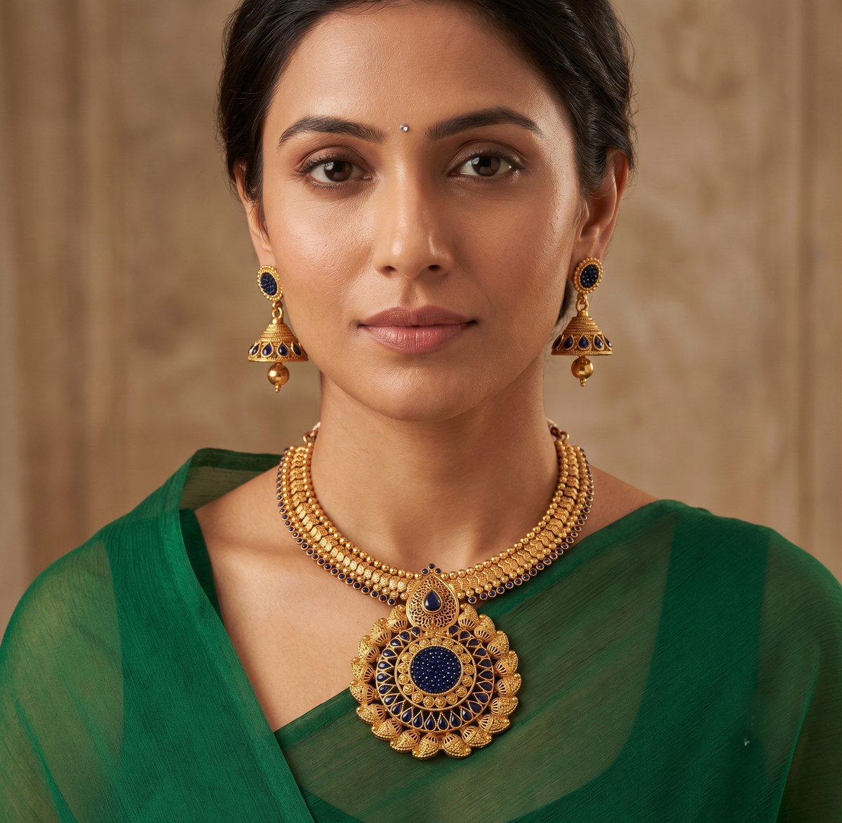 Antique Gold Tone Transparent Blue Necklace Set-dj09267