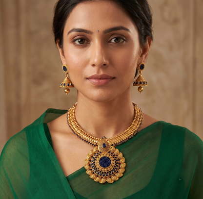 Antique Gold Tone Transparent Blue Necklace Set-dj09267