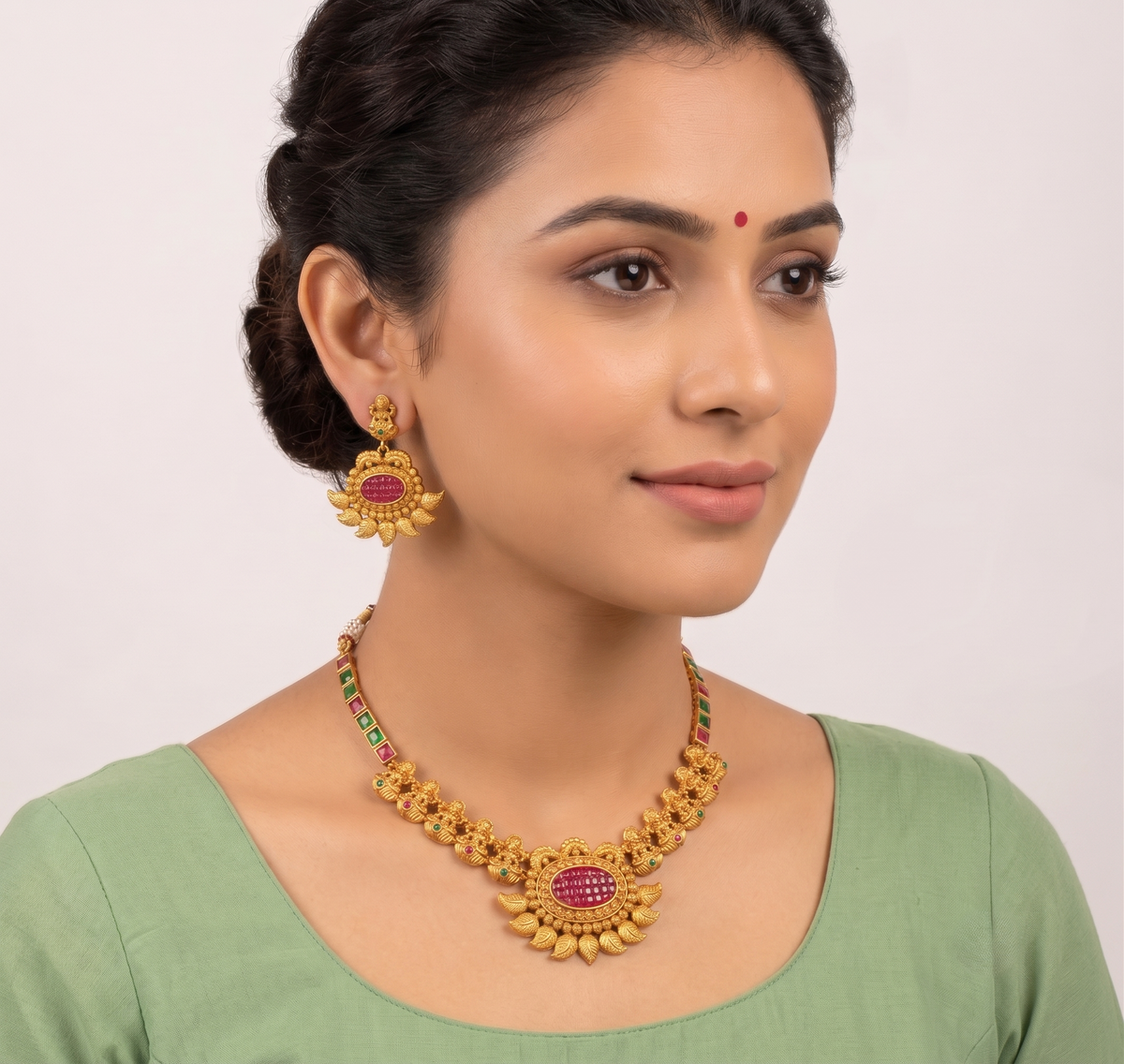 Matte Finish Transparent stone Pink-green Necklace Set dj-09269