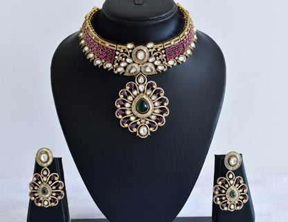 Antique gold tone ruby-green kundan flower choker necklace set dj-53028