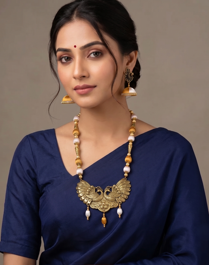Awesome Designer Silk Thread Yellow-white Peacock Necklace Set-dj09300