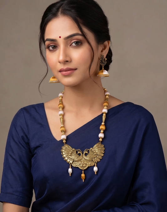 Awesome Designer Silk Thread Yellow-white Peacock Necklace Set-dj09300