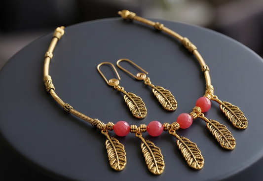 Antique gold tone Light Red feather Necklace Set -dj09320