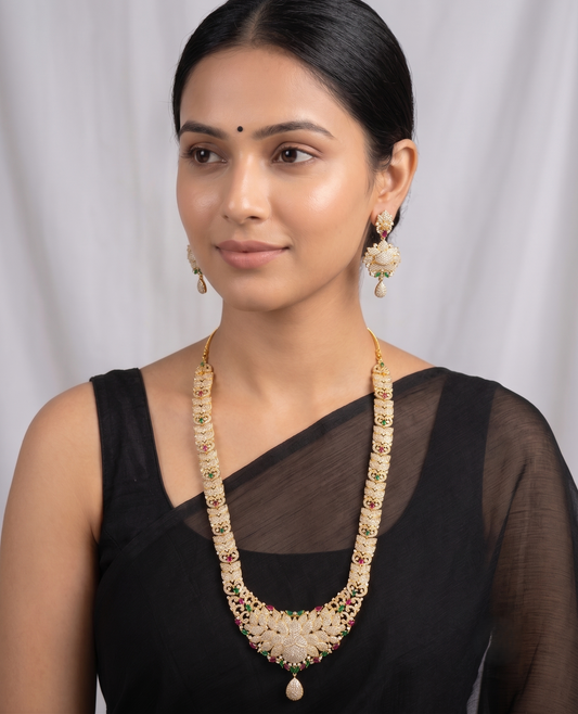 Gold Tone Cz Ruby-emerald Lotus Haar Set-dj09338