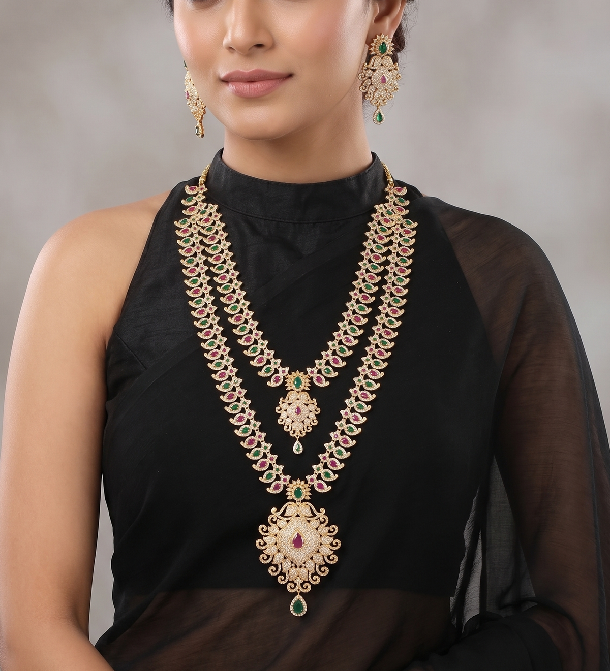 Awesome Gold Tone Cz Ruby-emerald Bridal Step Haar Set-dj09345