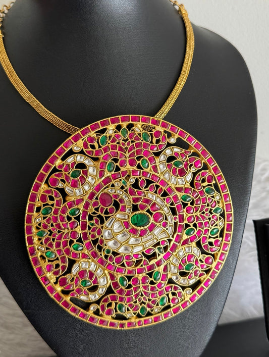 Matte finish pink-green-white kundan jadau huge round peacock necklace dj-52357