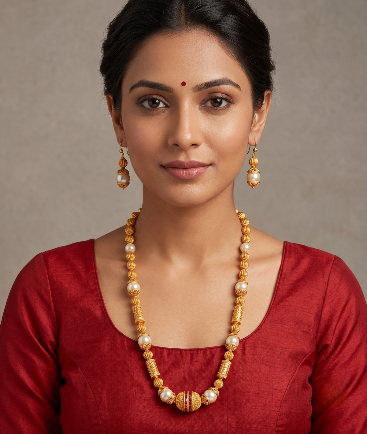 Matte Finish Pearl Ruby beaded Necklace Set -dj09367