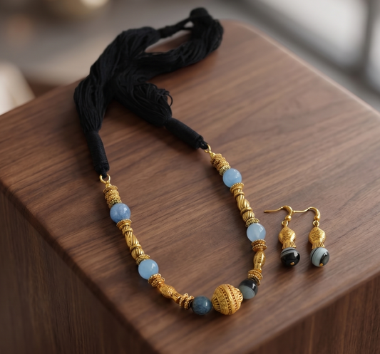 Antique gold tone Grey-black beaded Thread Necklace Set -dj09368