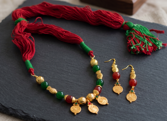 Gold Tone Lakshmi Coin Red-green Thread Necklace Set -dj09374