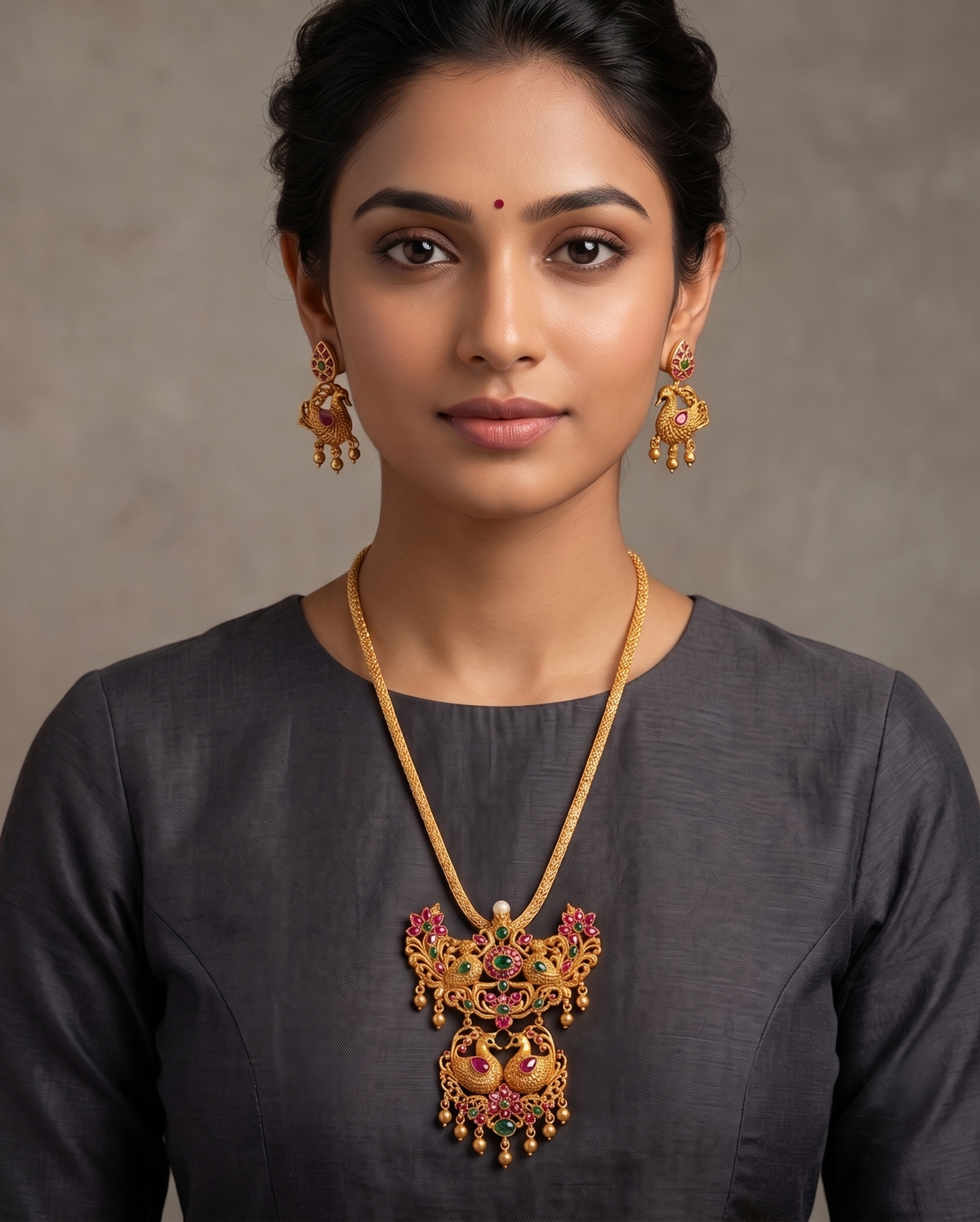 Matte Finish Ruby-green Swan Chain/Necklace Set -dj09376