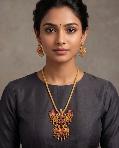 Matte Finish Ruby-green Swan Chain/Necklace Set -dj09376