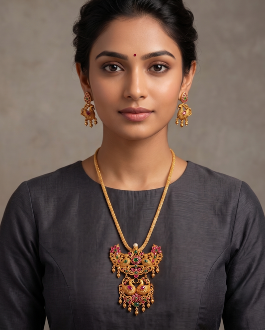 Matte Finish Ruby-green Swan Chain/Necklace Set -dj09376