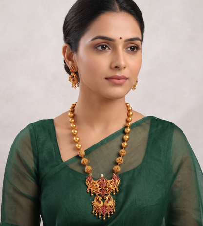 Matte Finish Ruby Peacock Necklace Set -dj09377