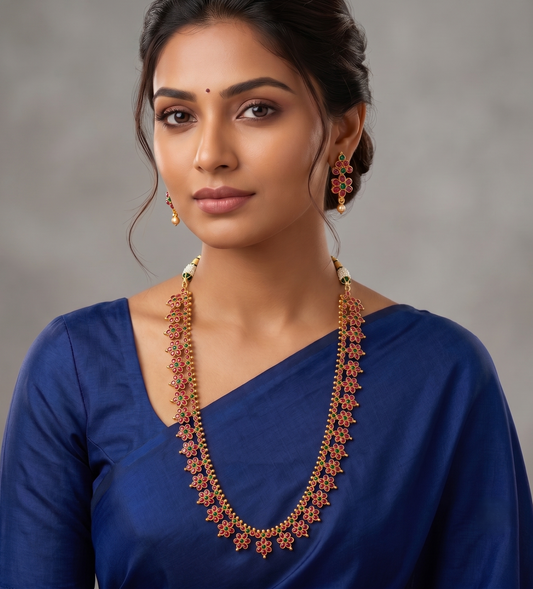 Gold Tone Ruby-green Flower Haar Set -dj09378