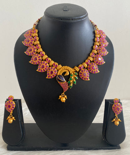 Matte finish ruby meenakari mango peacock necklace set -dj09380