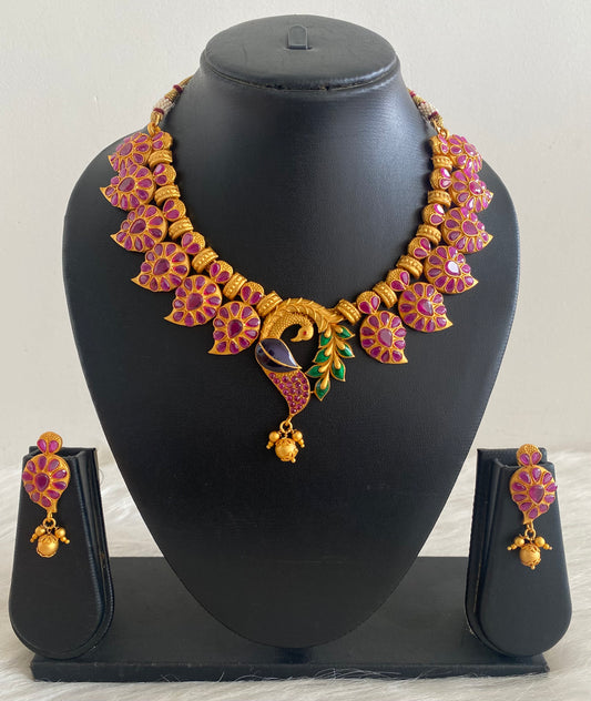 Matte finish ruby meenakari mango peacock necklace set -dj09380