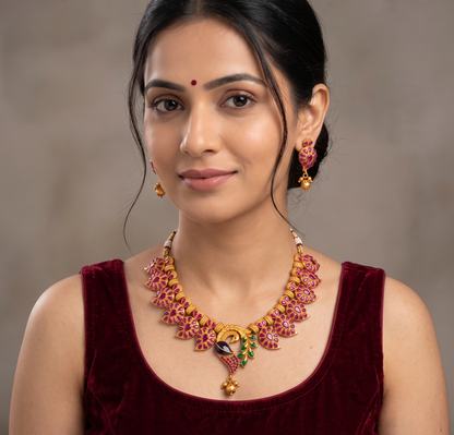 Matte finish ruby meenakari mango peacock necklace set -dj09380