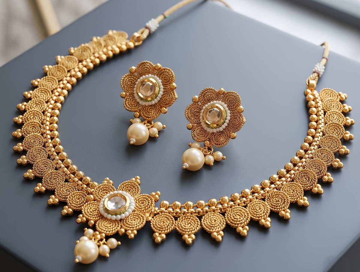 Antique gold tone Flower Necklace Set-dj09385