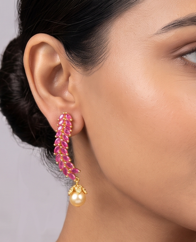 Gold Tone Ruby Pearl Earrings -dj09391
