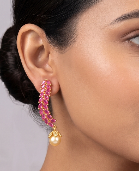 Gold Tone Ruby Pearl Earrings -dj09391