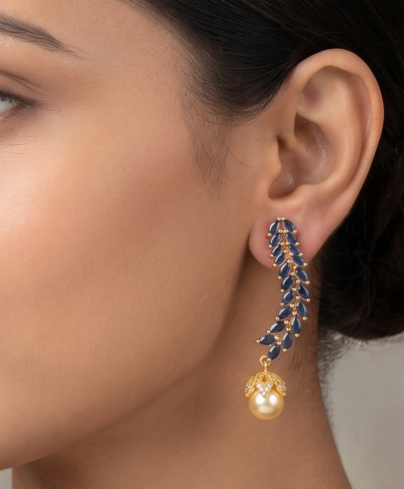 Gold Tone Blue Pearl Earrings -dj09392