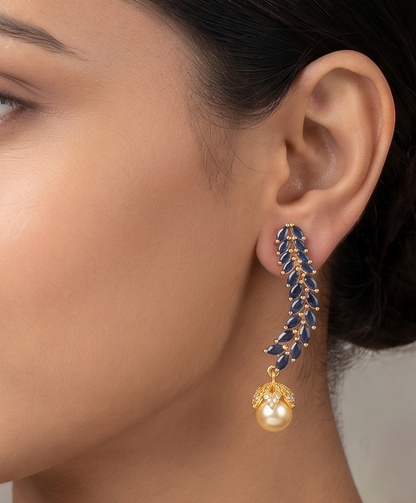 Gold Tone Blue Pearl Earrings -dj09392