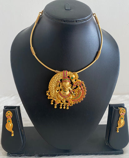 Matte finish ruby-emerald Ganesha hasli necklace set dj-09393