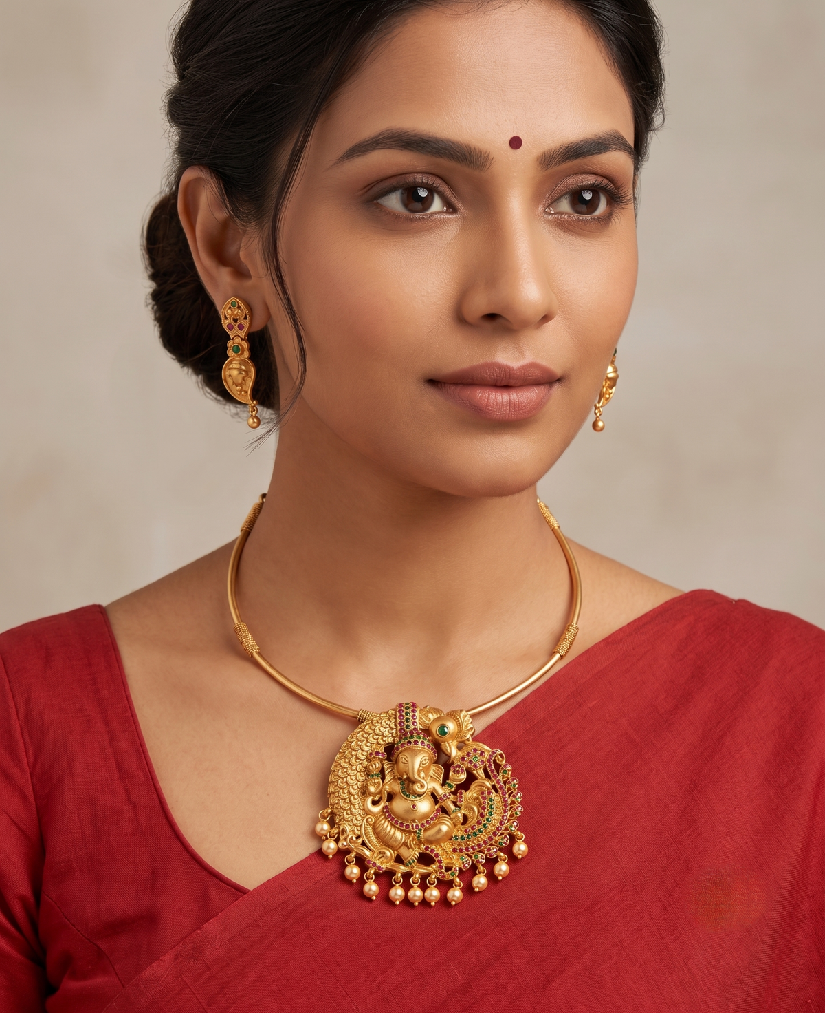 Matte finish ruby-emerald Ganesha hasli necklace set dj-09393