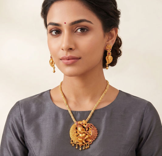 Matte finish ruby Ganesha necklace set dj-09395
