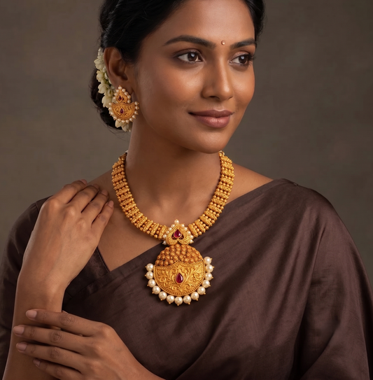 Matte Finish Ruby Pearl Necklace Set -dj09397